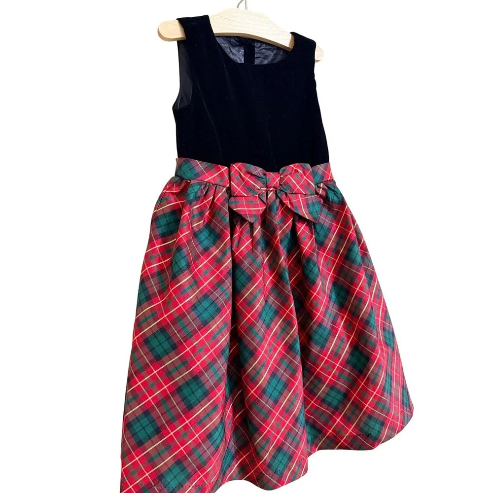 Gymboree Plaid Holiday Dress Girls 7 Red Green Velvet Bodice Bow Christmas